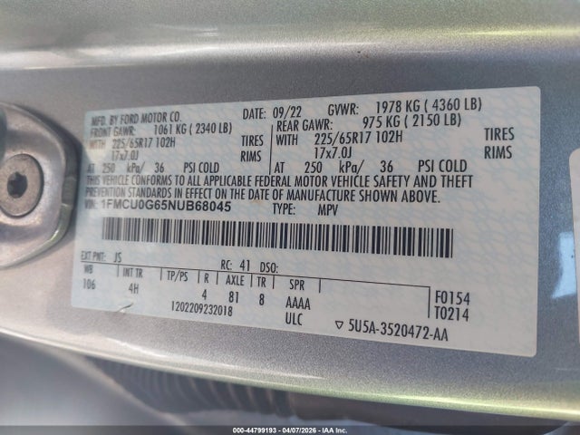 Aukcja sprzedaży 2022 Ford Escape Se, vin: 1FMCU0G65NUB68045, numer aukcji: 44799193