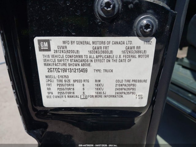 Aukcja sprzedaży 2003 Gmc Sierra 1500 Sle, vin: 2GTEC19V131215459, numer aukcji: 44799208