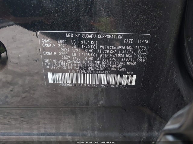 2020 Subaru Ascent Touring მანქანა იყიდება აუქციონზე, vin: 4S4WMARD2L3434137, აუქციონის ნომერი: 44799209