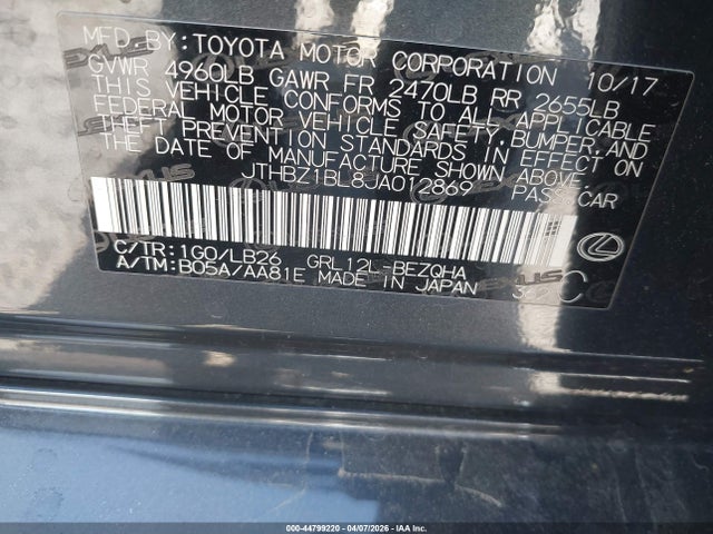 Aukcja sprzedaży 2018 Lexus Gs 350 F Sport, vin: JTHBZ1BL8JA012869, numer aukcji: 44799220