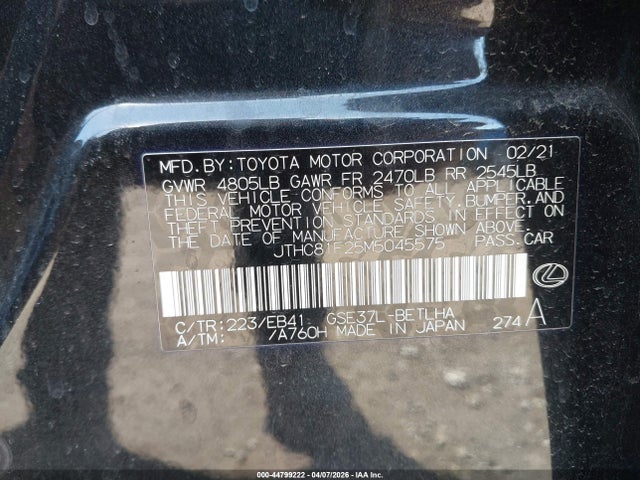 44799222 :رقم المزاد ، JTHC81F25M5045575 vin ، 2021 Lexus Is 300 مزاد بيع