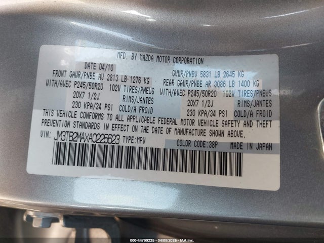 44799225 :رقم المزاد ، JM3TB2MAXA0225623 vin ، 2010 Mazda Cx-9 Grand Touring مزاد بيع