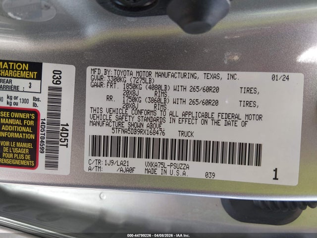 Aukcja sprzedaży 2024 Toyota Tundra Platinum, vin: 5TFNA5DB9RX168476, numer aukcji: 44799226