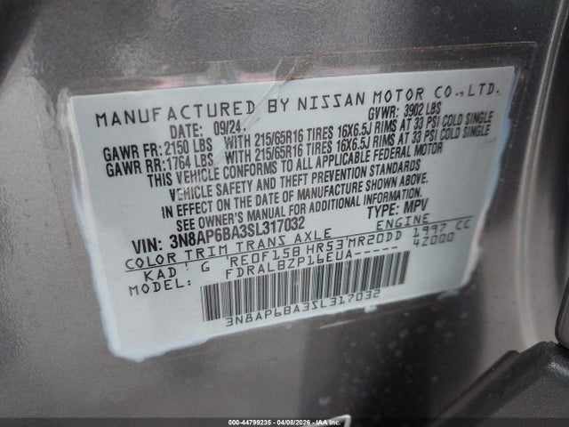44799235 :رقم المزاد ، 3N8AP6BA3SL317032 vin ، 2025 Nissan Kicks S Fwd مزاد بيع