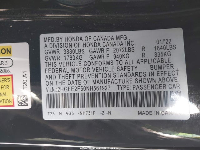 Aukcja sprzedaży 2022 Honda Civic Sport, vin: 2HGFE2F50NH561927, numer aukcji: 44799242