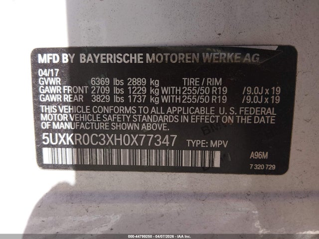 2017 Bmw X5 Xdrive35i მანქანა იყიდება აუქციონზე, vin: 5UXKR0C3XH0X77347, აუქციონის ნომერი: 44799250