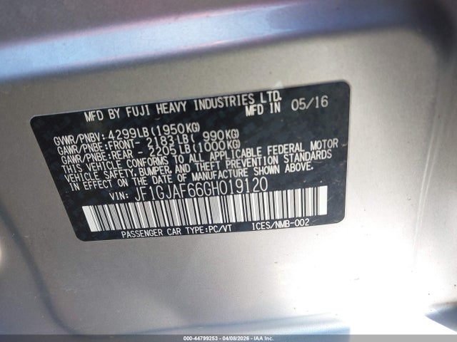 44799253 :رقم المزاد ، JF1GJAF66GH019120 vin ، 2016 Subaru Impreza 2.0i Premium مزاد بيع