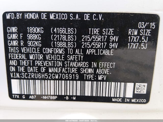 Aukcja sprzedaży 2016 Honda Hr-v Ex, vin: 3CZRU6H52GM706919, numer aukcji: 44799260