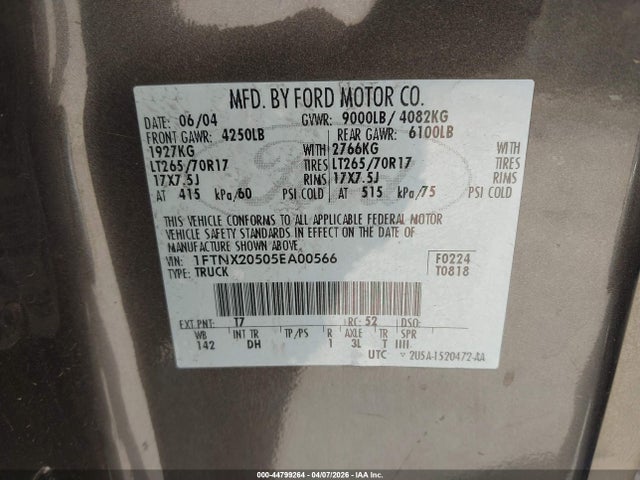 Aukcja sprzedaży 2005 Ford F-250, vin: 1FTNX20505EA00566, numer aukcji: 44799264