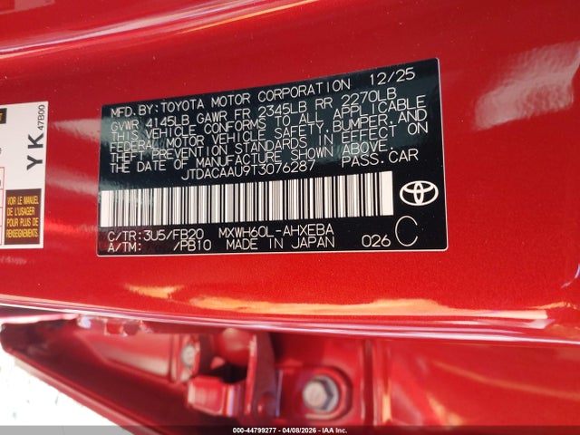 Aukcja sprzedaży 2026 Toyota Prius Le, vin: JTDACAAU9T3076287, numer aukcji: 44799277