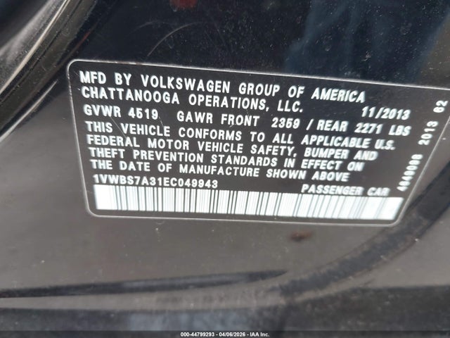 Продаж на аукціоні авто 2014 Volkswagen Passat 1.8t Se, vin: 1VWBS7A31EC049943, номер лоту: 44799293