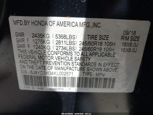 Продажа на аукционе авто 2019 Acura Mdx Standard, vin: 5J8YD3H34KL002571, номер лота: 44799302