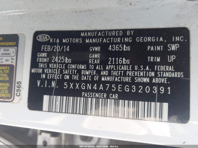 44799305 :رقم المزاد ، 5XXGN4A75EG320391 vin ، 2014 Kia Optima Ex مزاد بيع