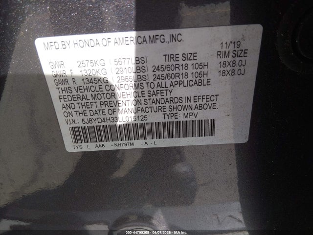 Aukcja sprzedaży 2020 Acura Mdx Standard, vin: 5J8YD4H33LL015125, numer aukcji: 44799309