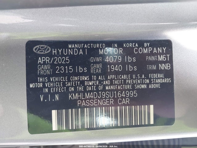 44799319 :رقم المزاد ، KMHLM4DJ9SU164995 vin ، 2025 Hyundai Elantra Hybrid Blue مزاد بيع