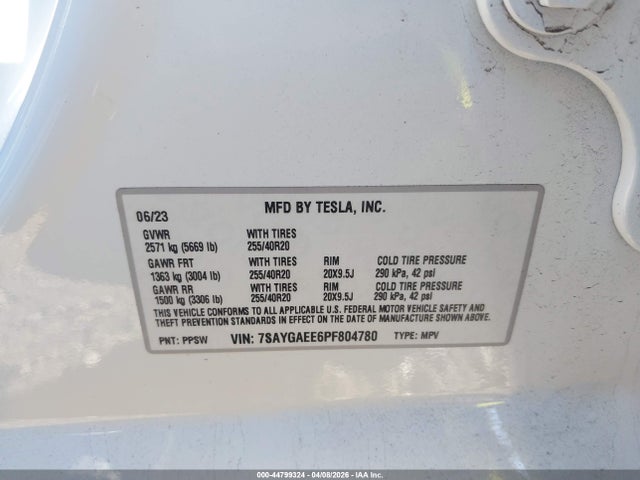 2023 Tesla Model Y Awd/long Range Dual Motor All-wheel Drive მანქანა იყიდება აუქციონზე, vin: 7SAYGAEE6PF804780, აუქციონის ნომერი: 44799324