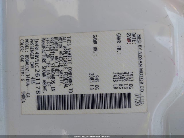Продаж на аукціоні авто 2020 Nissan Altima S Fwd, vin: 1N4BL4BV5LC261178, номер лоту: 44799325