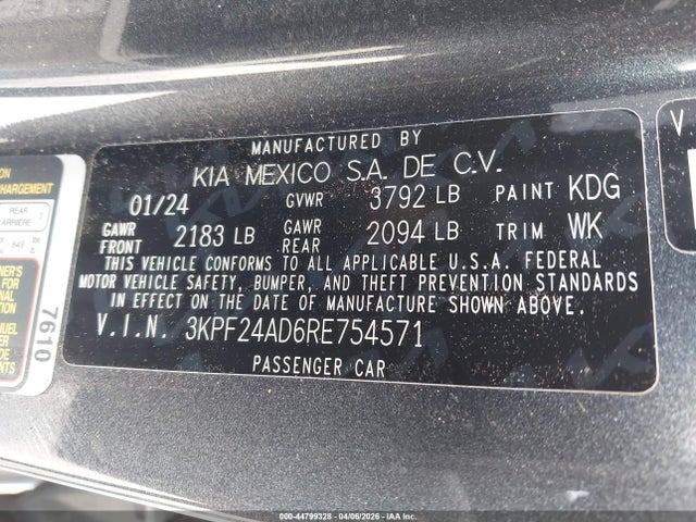 Aukcja sprzedaży 2024 Kia Forte Lxs, vin: 3KPF24AD6RE754571, numer aukcji: 44799328