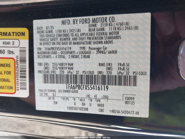 Продаж на аукціоні авто 2025 Ford Mustang Gt Fastback, vin: 1FA6P8CFXS5416119, номер лоту: 44799330