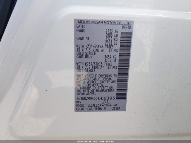 2018 Nissan Pathfinder Sv მანქანა იყიდება აუქციონზე, vin: 5N1DR2MNXJC669395, აუქციონის ნომერი: 44799356