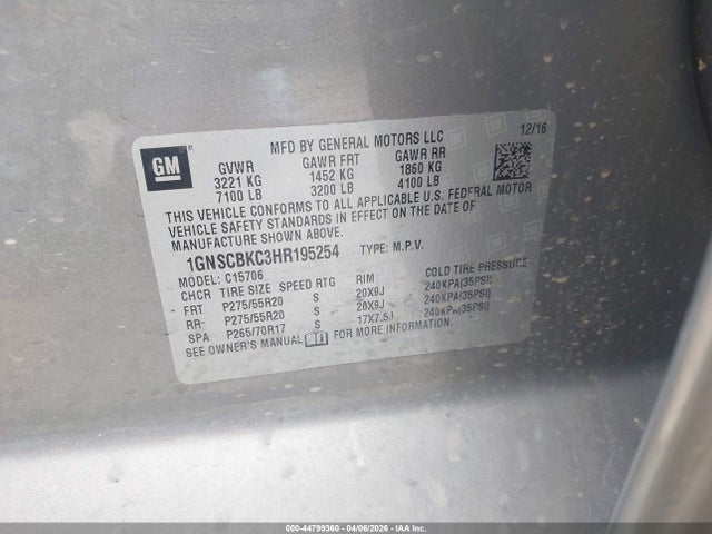 44799360 :رقم المزاد ، 1GNSCBKC3HR195254 vin ، 2017 Chevrolet Tahoe Lt مزاد بيع