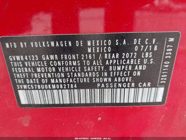 Продаж на аукціоні авто 2019 Volkswagen Jetta 1.4t R-line/1.4t S/1.4t Se, vin: 3VWC57BU0KM082784, номер лоту: 44799363