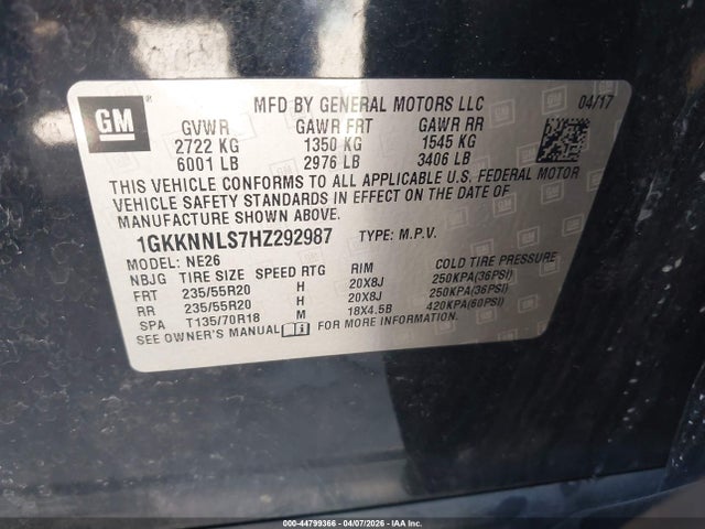 44799366 :رقم المزاد ، 1GKKNNLS7HZ292987 vin ، 2017 Gmc Acadia Slt-2 مزاد بيع