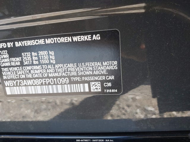 44799371 :رقم المزاد ، WBY73AW08PFP01099 vin ، 2023 Bmw I4 Edrive40 مزاد بيع
