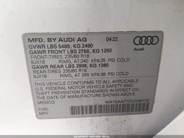 2022 Audi Q5 Premium 45 Tfsi S Line Quattro S Tronic მანქანა იყიდება აუქციონზე, vin: WA1GAAFY2N2098100, აუქციონის ნომერი: 44799375