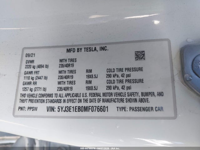 Продажа на аукционе авто 2021 Tesla Model 3 Long Range Dual Motor All-wheel Drive, vin: 5YJ3E1EB0MF076601, номер лота: 44799376