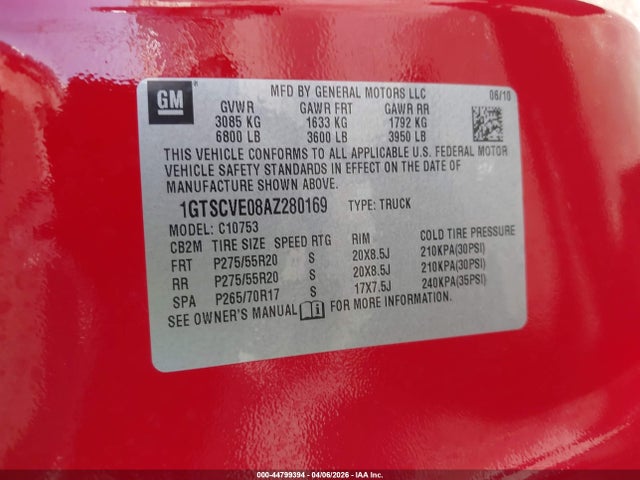 Продаж на аукціоні авто 2010 Gmc Sierra 1500 Sle, vin: 1GTSCVE08AZ280169, номер лоту: 44799394
