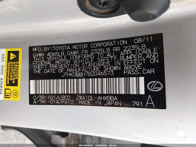 Aukcja sprzedaży 2011 Lexus Ct 200h Premium, vin: JTHKD5BH7B2046573, numer aukcji: 44799407