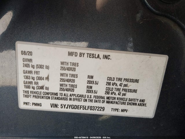 Продажа на аукционе авто 2020 Tesla Model Y Long Range Dual Motor All-wheel Drive/performance Dual Motor All-wheel Drive, vin: 5YJYGDEF5LF037229, номер лота: 44799418