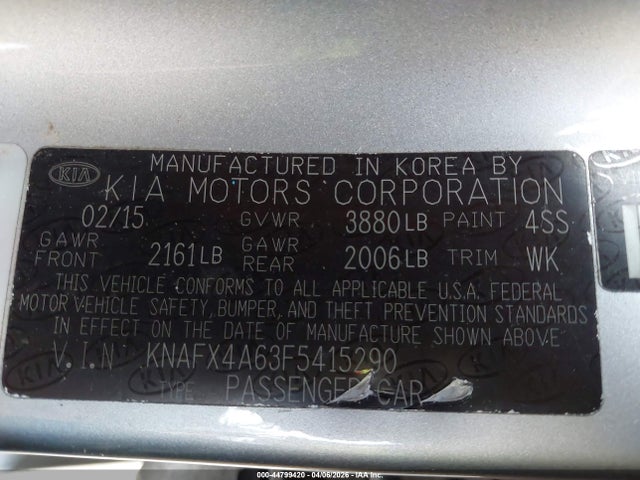 2015 Kia Forte Lx მანქანა იყიდება აუქციონზე, vin: KNAFX4A63F5415290, აუქციონის ნომერი: 44799420