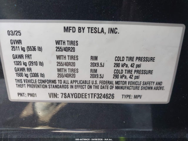 Aukcja sprzedaży 2026 Tesla Model Y All-wheel Drive/long Range Launch Series/premium All-wheel Drive, vin: 7SAYGDEE1TF324626, numer aukcji: 44799425
