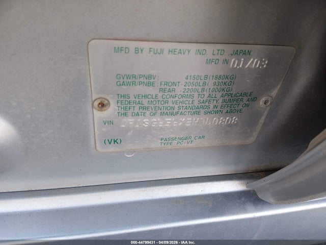 Aukcja sprzedaży 2003 Subaru Forester Xs, vin: JF1SG656X3H760808, numer aukcji: 44799431