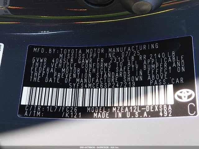 44799436 :رقم المزاد ، 5YFS4MCE6SP247219 vin ، 2025 Toyota Corolla Se مزاد بيع