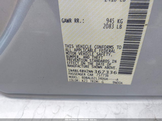 44799438 :رقم المزاد ، 1N4BL4BV2NN367336 vin ، 2022 Nissan Altima S Fwd مزاد بيع