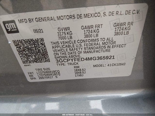 Продаж на аукціоні авто 2021 Chevrolet Silverado 1500 4wd  Short Bed Lt Trail Boss, vin: 3GCPYFED4MG365921, номер лоту: 44799449