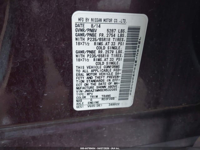 2014 Nissan Murano Sl მანქანა იყიდება აუქციონზე, vin: JN8AZ1MW8EW532085, აუქციონის ნომერი: 44799454
