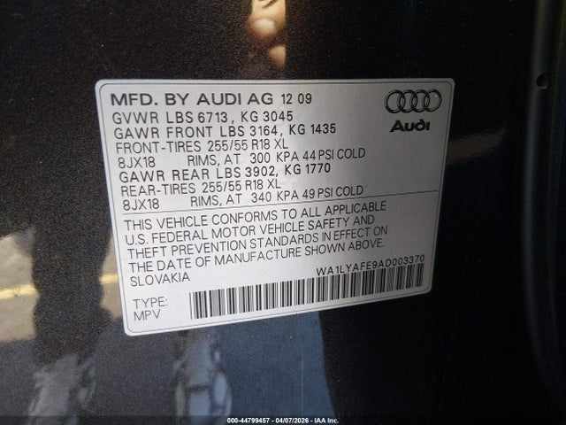 44799457 :رقم المزاد ، WA1LYAFE9AD003370 vin ، 2010 Audi Q7 3.6 Premium مزاد بيع