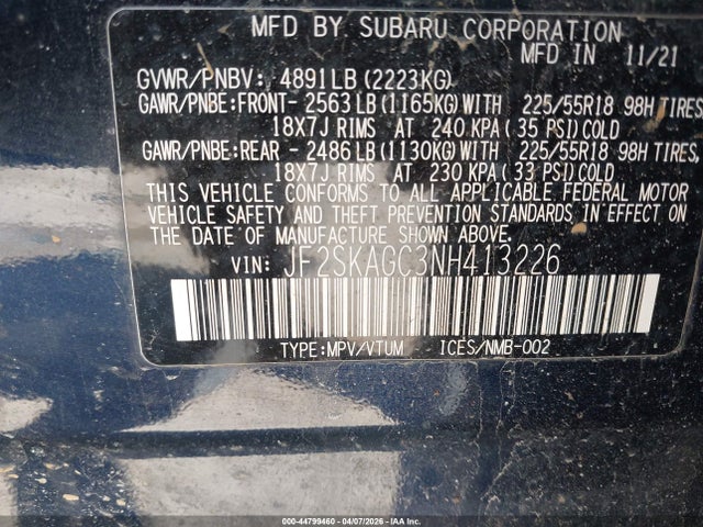 44799460 :رقم المزاد ، JF2SKAGC3NH413226 vin ، 2022 Subaru Forester Sport مزاد بيع