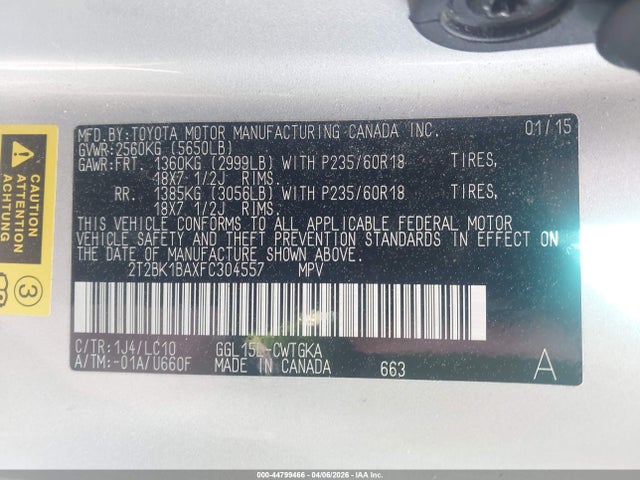44799466 :رقم المزاد ، 2T2BK1BAXFC304557 vin ، 2015 Lexus Rx 350 مزاد بيع