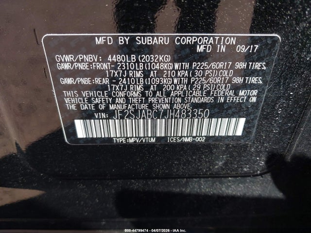 Продажа на аукционе авто 2018 Subaru Forester 2.5i, vin: JF2SJABC7JH483350, номер лота: 44799474