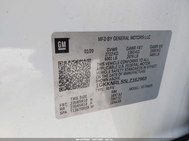 44799482 :رقم المزاد ، 1GKKNRLS5LZ162965 vin ، 2020 Gmc Acadia Fwd Sle مزاد بيع