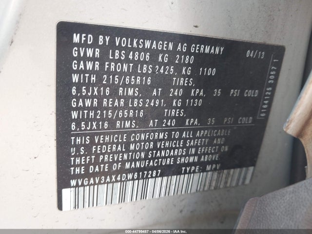 Продаж на аукціоні авто 2013 Volkswagen Tiguan S, vin: WVGAV3AX4DW617287, номер лоту: 44799487