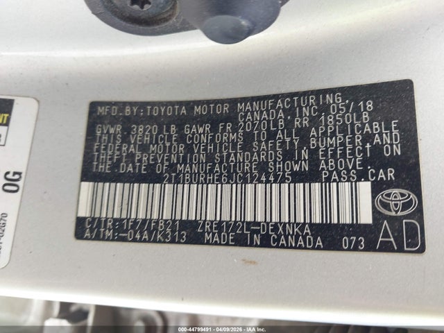 Aukcja sprzedaży 2018 Toyota Corolla Le, vin: 2T1BURHE6JC124475, numer aukcji: 44799491