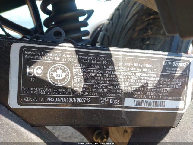 2012 Can-am Spyder Roadster Rs-s მანქანა იყიდება აუქციონზე, vin: 2BXJANA13CV000713, აუქციონის ნომერი: 44799495