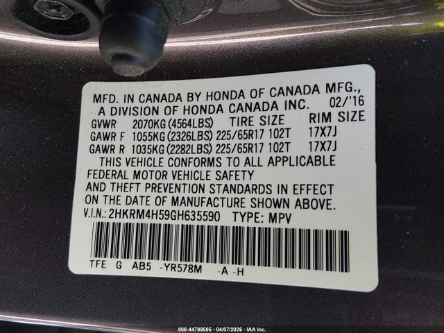 Продаж на аукціоні авто 2016 Honda Cr-v Ex, vin: 2HKRM4H59GH635590, номер лоту: 44799505