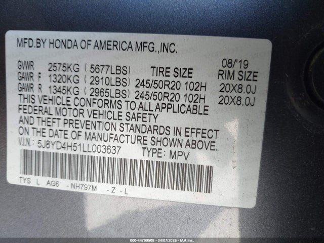 Aukcja sprzedaży 2020 Acura Mdx Technology Package, vin: 5J8YD4H51LL003637, numer aukcji: 44799508